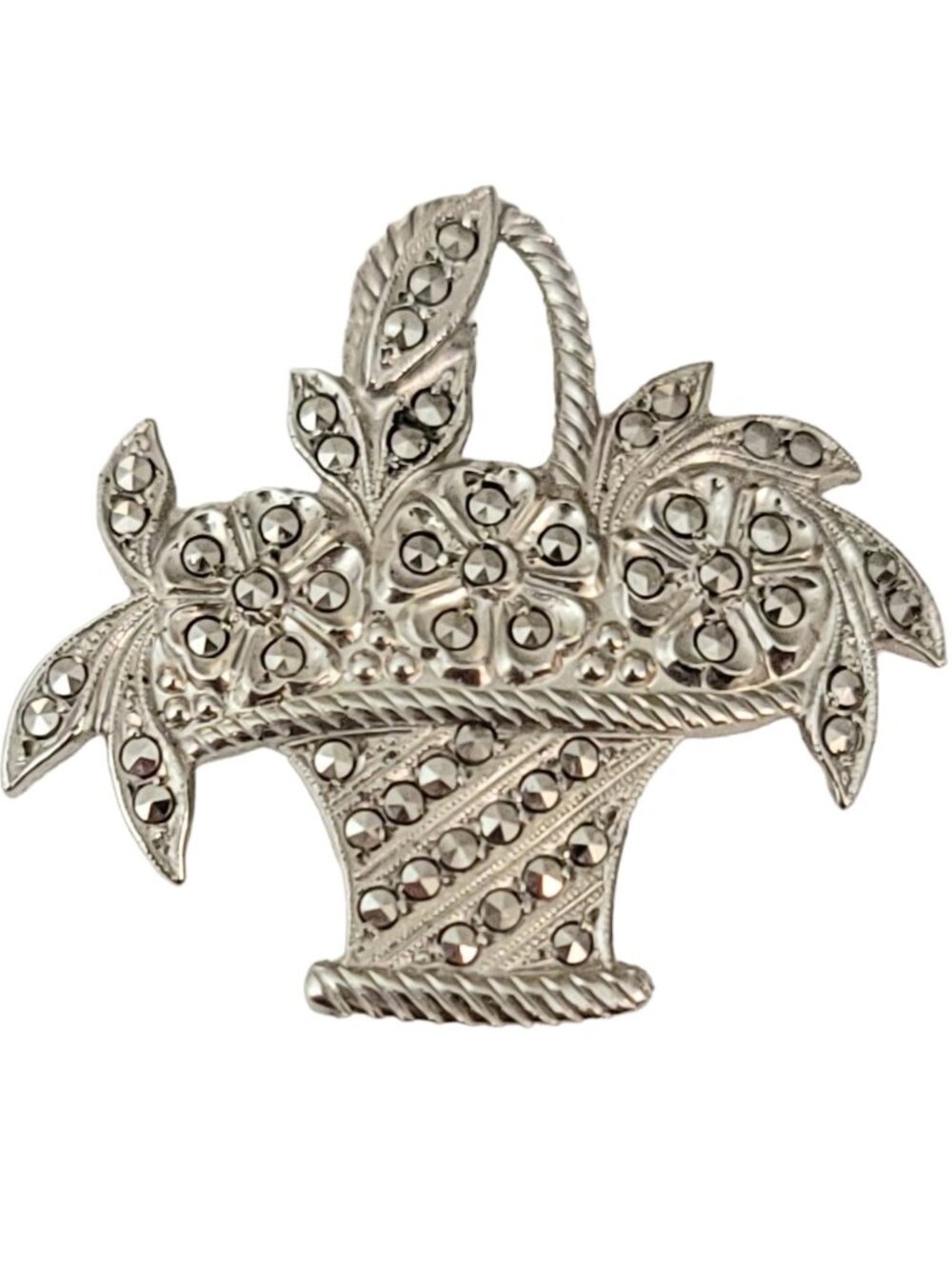 Sterling Silver Marcasite Flower Basket Pin Brooch